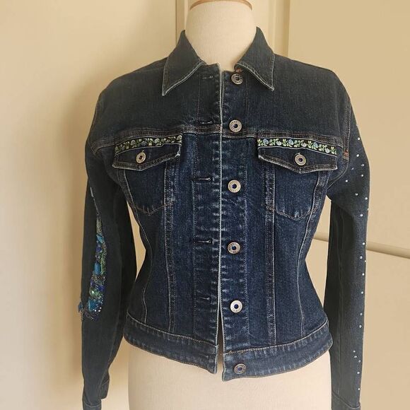 Gap Upcycled Denim One of A Kind Denim Trucker Jacket, Beaded,  Embellished, Sz - Picture 1 of 8